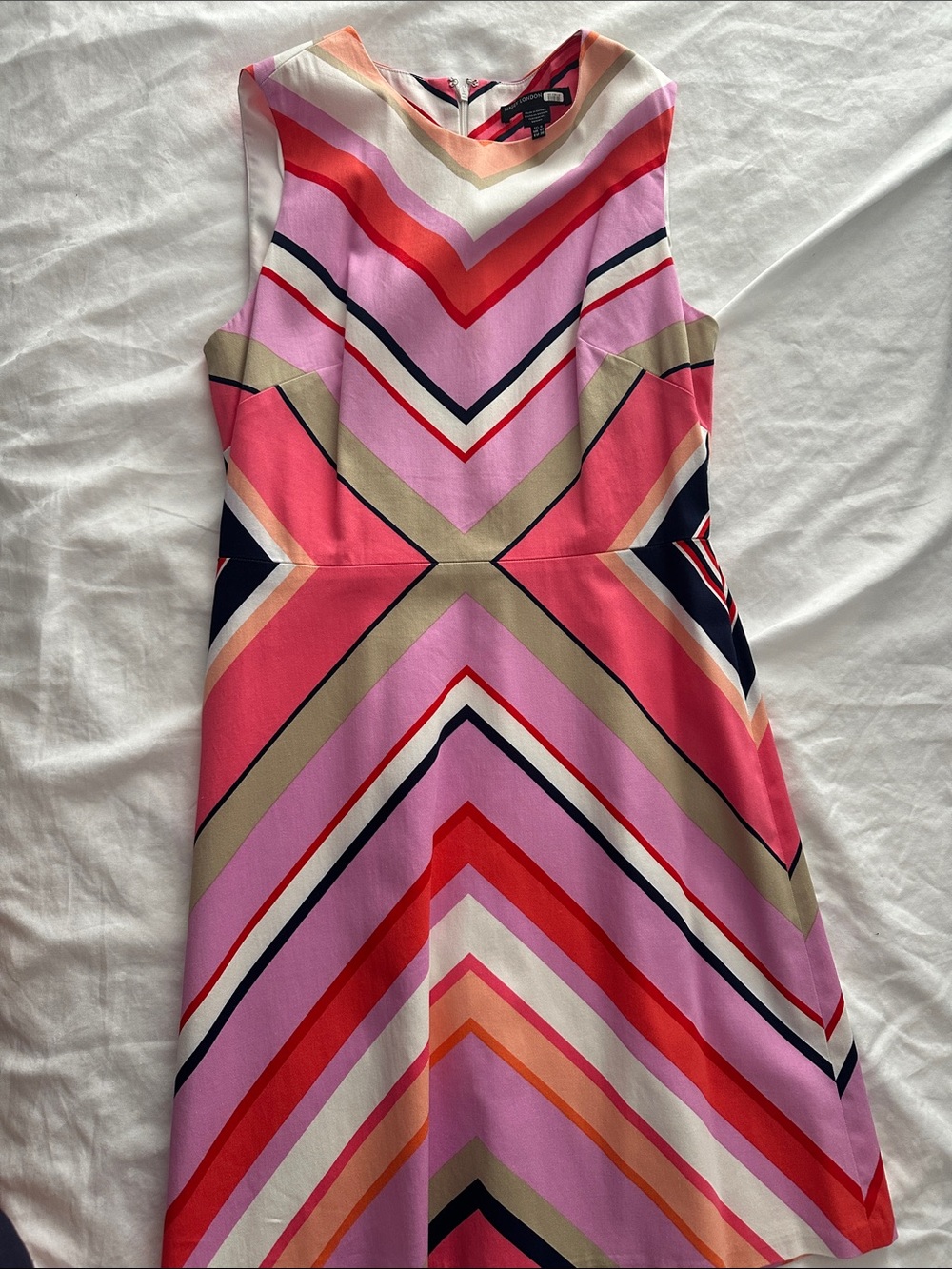 Maggy London Pink, Coral & Navy Chevron Midi Dress